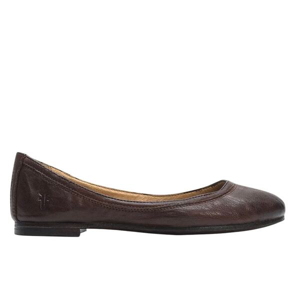 Frye 8 Carson Ballet Flat Dark Brown Italian Leather Round Toe Slip-On Logo Work - Picture 2 of 8